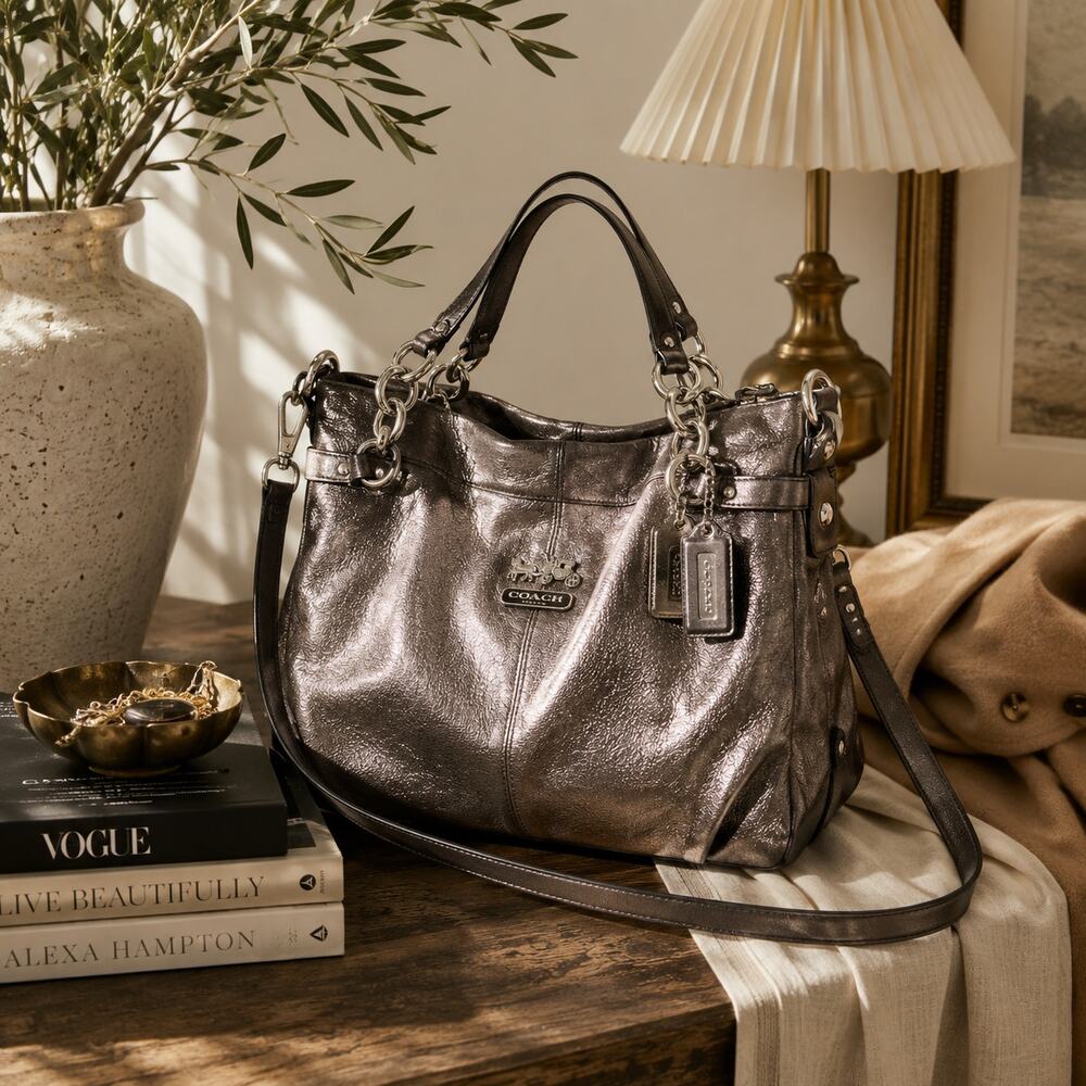 Coach Brooke Metallic Pewter Leather Satchel Shoulder Crossbody Bag